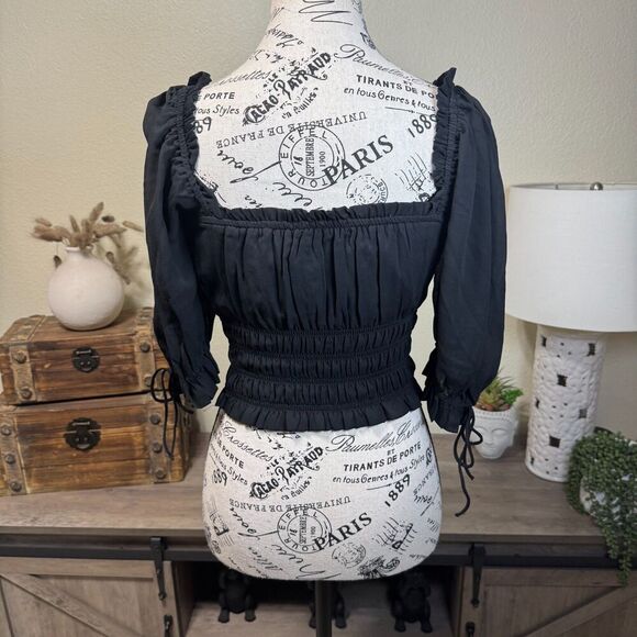 Abercrombie & Fitch Stringy Ruched Milkmaid Cropped Blouse Sz S 3/4 Puff Sleeve - Picture 7 of 9